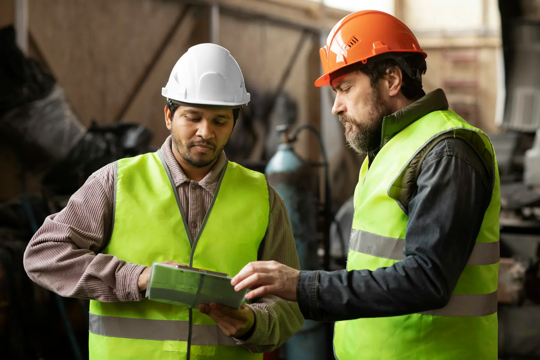 Two engineers in high-visibility vests reviewing a job on a tablet inside a plant