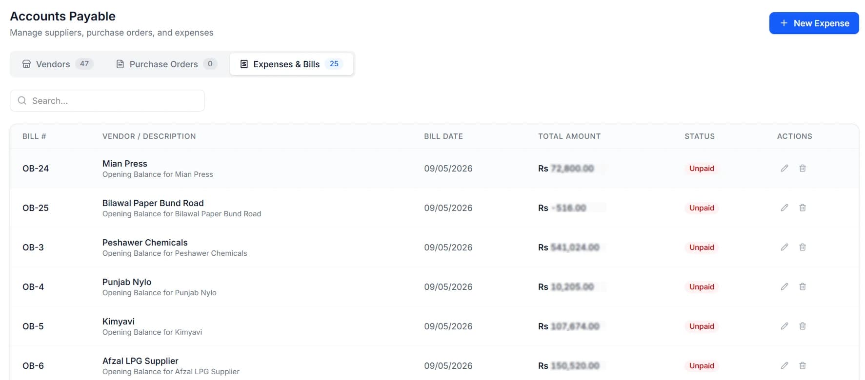 The vendor bills screen listing purchase bills against each vendor