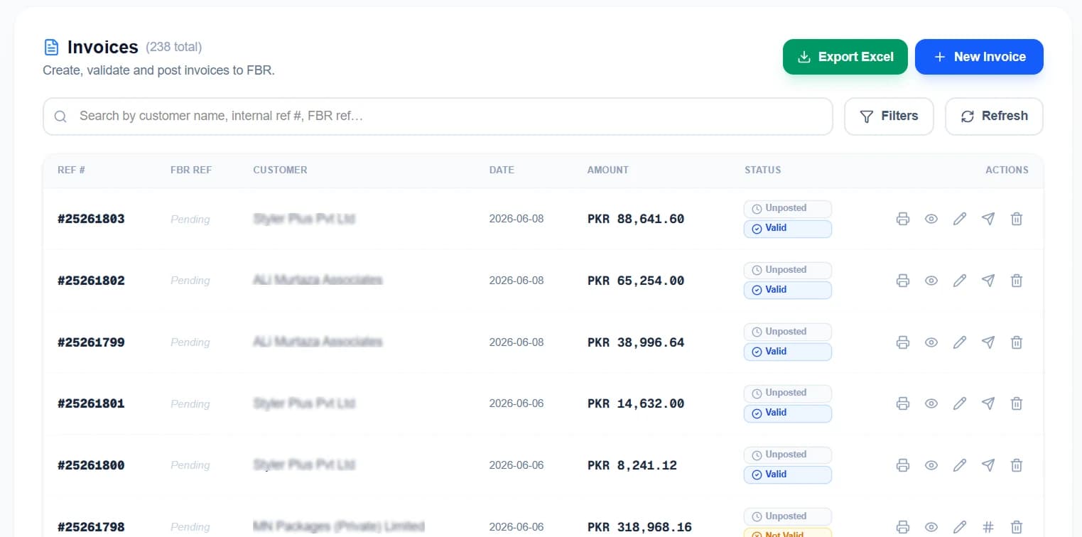 The FBR invoice list, each row showing the reference number, customer, amount and its posted and validation state